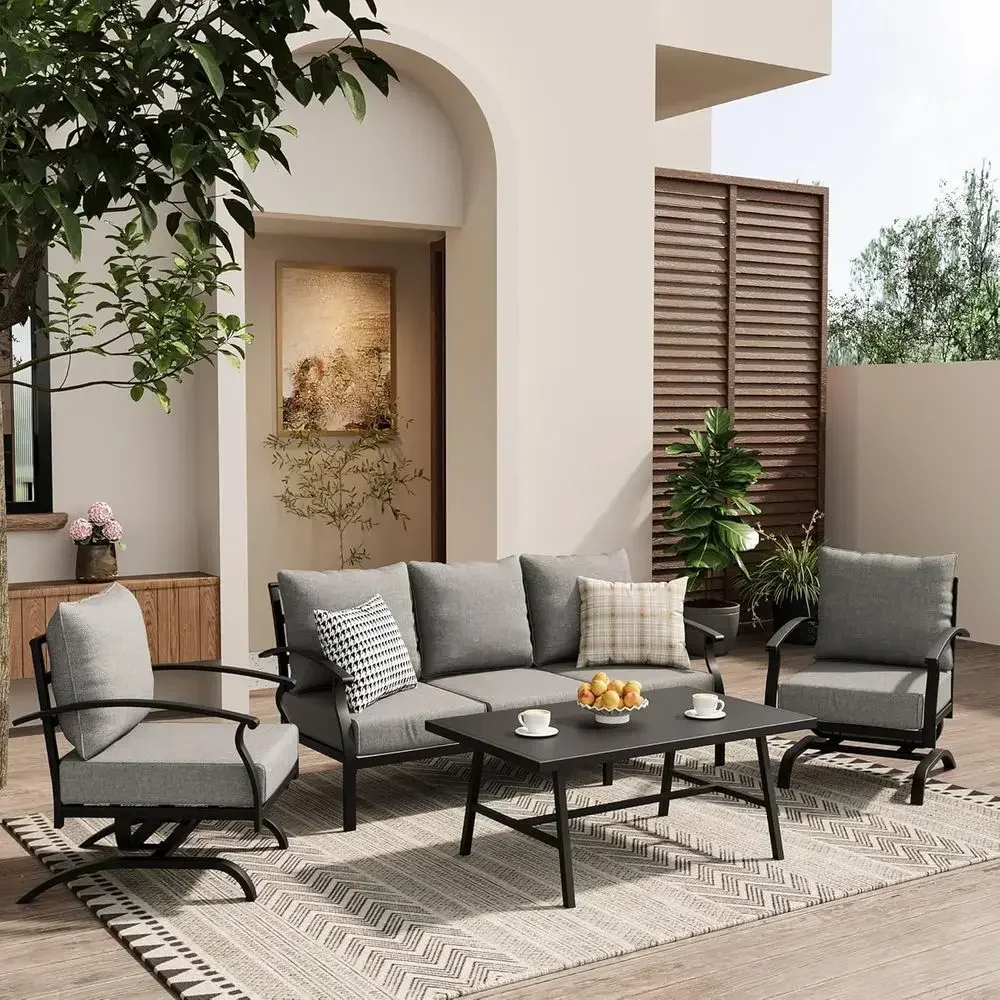 Outdoor Furniture Metal Chairs - グレーの屋外用金属製パティオ家具セット。コーヒーテーブルとロッキングチェアが付属。玄関ポーチ、裏庭、またはプールサイドでの使用に最適。